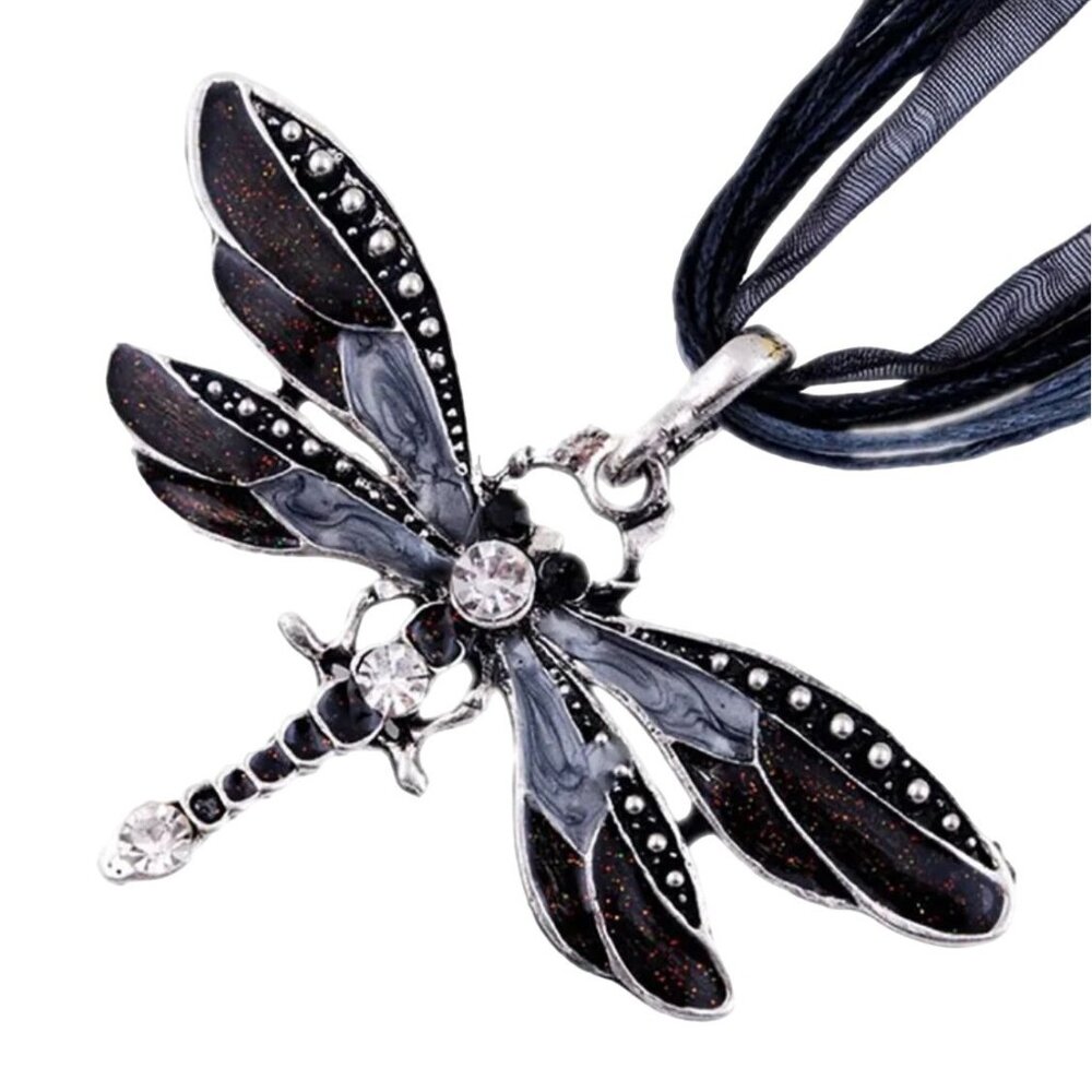 Dragonfly Pendant Necklace With Rhinestones & Black Ribbon Cord